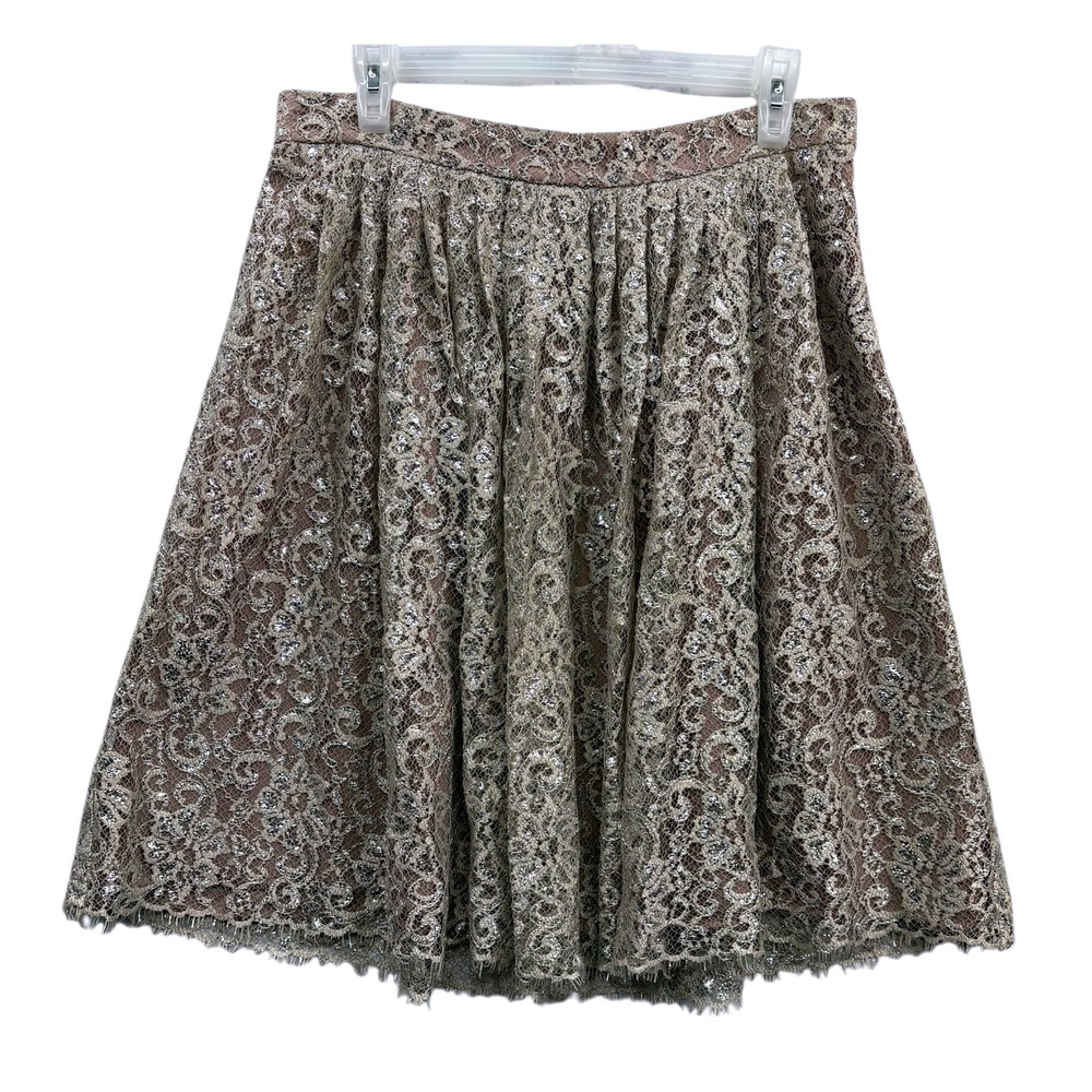 HD in Paris Anthropologie Women's Lace Overlay Full‎ Skirt Metallic Beige 12
